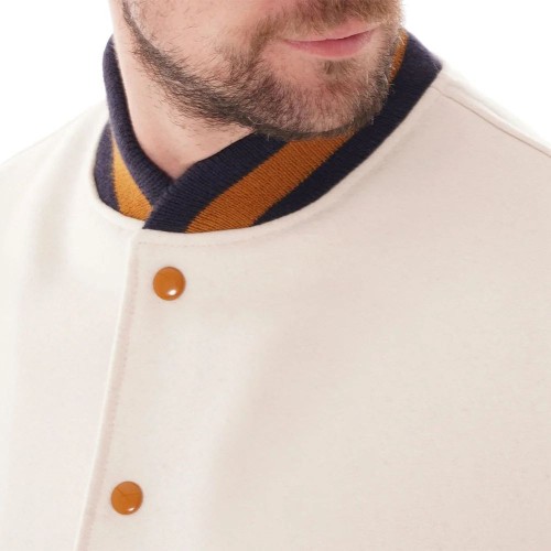 Wool Off-White Varsity Jacket with Purple Leather Sleeves for Men