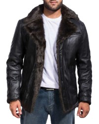 Men’s Black Fur Collar Bomber Leather Jacket